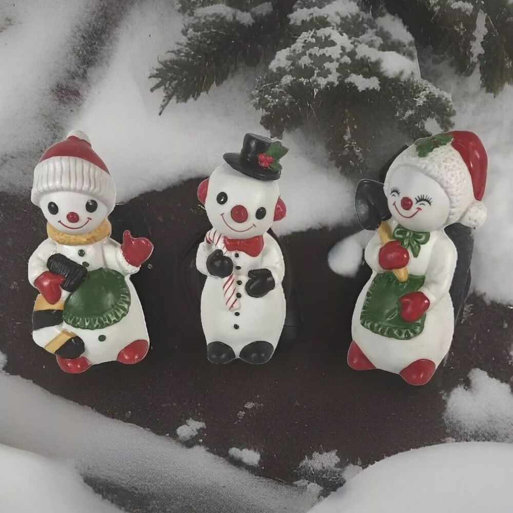 Porcelain Bisque Snowmen Set of 3 Shovel Stocking Candy Cane Vintage Taiwan Xmas